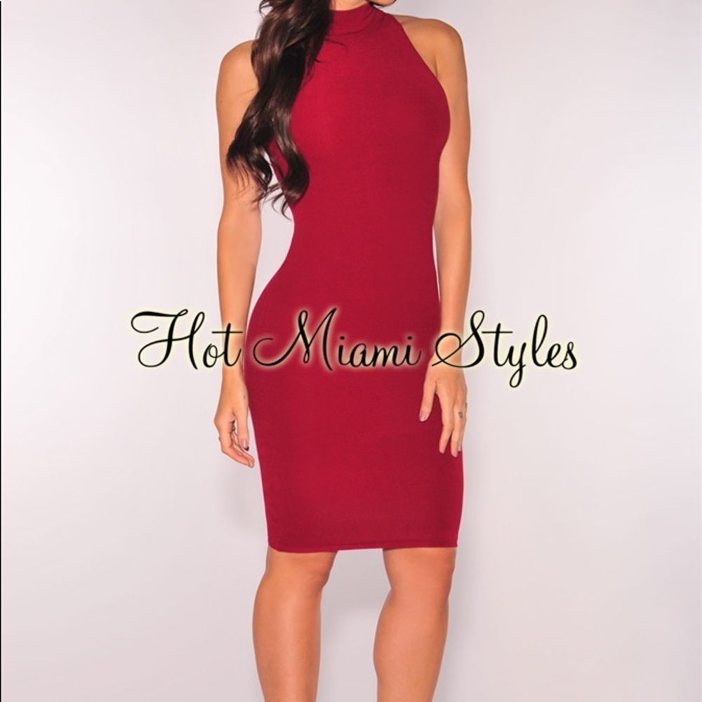 Burgundy Knit Ribbed Mock Neck Dress